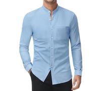 DEMEANOR Camisa elástica sin cuello para hombre, manga larga, cuello alto, camisa de negocios, ajustada, camisa de ocio, camisa de pie, azul celeste, 3XL