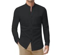 DEMEANOR Camisa elástica sin cuello para hombre, manga larga, cuello alto, camisa de negocios, ajustada, camisa de ocio, camisa de pie, 1 negro, 3XL