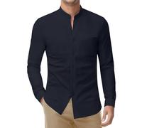 DEMEANOR Camisa elástica sin cuello para hombre, manga larga, cuello alto, camisa de negocios, ajustada, camisa de ocio, camisa de pie, azul marino, L