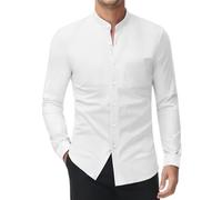 DEMEANOR Camisa elástica sin cuello para hombre, manga larga, cuello alto, camisa de negocios, ajustada, camisa de ocio, camisa de pie, 1 blanco., L