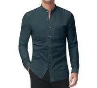 DEMEANOR Camisa elástica sin cuello para hombre, manga larga, cuello alto, camisa de negocios, ajustada, camisa de ocio, camisa de pie, verde oscuro, M