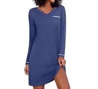 Demegimi Camisón de Mujer Algodón Camisones Mujer Invierno Dormir Cuello en V Pijama de Manga Larga