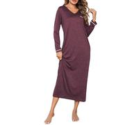 Demegimi Camisones Mujer Invierno de Algodón Camison Manga Larga Cuello en V Pijama de Manga Larga Camison de Mujer para Dormir Vino Tinto XXL