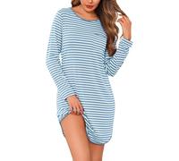 Demegimi Camisones Mujer Invierno de Algodón Camisónes Rayas Ropa de Dormir Camisón Mujer Dormir Manga Larga Pijama de Manga Larga Invierno