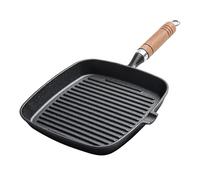 Demeras Sartén para Parrilla, Sartén para Carne de Hierro Fundido con de Madera, Fondo Engrosado, Fácil de Limpiar, Antiadherente, con Pico para Cocinar en el Interior