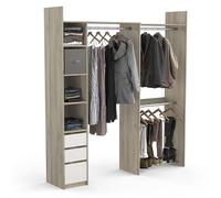 Demeyere Kit Dressing Extensible D’Angle Ouvert & Modulable 3 Tiroirs 3 Barres De Penderie, Coloris Chêne & Blanc, 199,7 x 43,9 x 218,3 cm