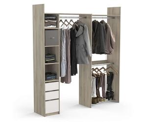 Demeyere Kit Dressing Extensible D’Angle Ouvert & Modulable 3 Tiroirs 3 Barres De Penderie, Coloris Chêne & Blanc, 199,7 x 43,9 x 218,3 cm