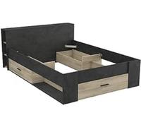 Demeyere Lit Avec Rangement 140x190 Industriel 3 Tiroirs, Coloris Noir Mat & Chêne, 150,1 x 217,1 x 74,3 cm