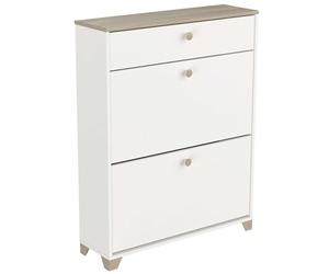 Demeyere Meuble à Chaussures 2 Abattants et 1 Tiroir, Décor Chêne Kronberg et Blanc, Style Contemporain, pour Entrée, L80,8 x P24,4 x H104,3 cm