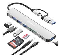 DEMKICO 8 en 1 Hub USB C con 4 Puertos USB, Lector de Tarjetas SD/TF, Conector de Auriculares de 3,5 mm, Puerto de Datos USB C, Compatible con MacBook Pro/Air/Tablet/Smartphones y más (Plateado)