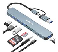 DEMKICO 8 en 1 Hub USB C con 4 Puertos USB, Lector de Tarjetas SD/TF, Conector de Auriculares de 3,5 mm, Puerto de Datos USB C, Compatible con MacBook Pro/Air/Tablet/Smartphones y más (Gris)