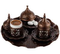 DEMMEX 2024 - Juego de servir de café árabe griego turco con tazas, platillos, portavasos, tapas, azucarero y tapa y bandeja, 11 piezas (antiguo), mediano