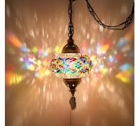 DEMMEX Authentic Turkish Mosaic Plug-in Swag Pendant Light Fixture, Large 6.5" Globe - Moroccan Hanging Ceiling Lamp - 15ft Cord & Chain, US/CA Plug, Exotic Mediterranean Decor, Handmade