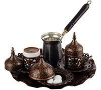 DEMMEX Juego completo de café árabe griego turco 2023 con tazas, platillos, tapas, bandeja de azucarero y cafetera de cobre, 12 piezas