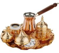 DEMMEX Juego completo de café turco griego árabe para hacer y servir con tazas, platillos, tapas, bandeja de azucarero y cafetera de cobre, decorado a mano con cristales dorados, 12 piezas (dorado)