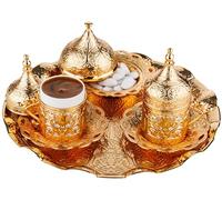 DEMMEX Juego de café turco griego árabe 2024 con tazas, platillos, portavasos, tapas, azucarero, tapa y bandeja, 11 piezas (dorado), mediano