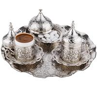DEMMEX Juego de café turco griego árabe 2024 con tazas, platillos, portavasos, tapas, azucarero, tapa y bandeja, 11 piezas (plateado), mediano