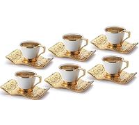 DEMMEX Juego de tazas de café y espresso turco, griego, árabe, bosnio, para 6 a 18 piezas, tazas Demitasse de porcelana (80 ml) con soportes y platillos de metal dorado, elegancia otomana chic, blanco