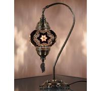 DEMMEX Lámpara turca auténtica, fabricada en Turquía, lámpara de mesa de noche con mosaico turco marroquí, 100% hecha a mano, cuerpo de metal de color latón antiguo y base de metal decorada.