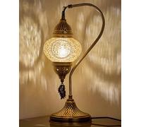 DEMMEX Lámpara turca auténtica, fabricada en Turquía, lámpara de mesita de noche con mosaico turco marroquí, 100% hecha a mano, cuerpo de metal de color latón envejecido y base de metal martillado