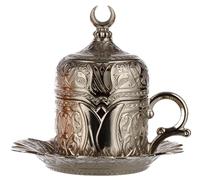 DEMMEX Taza de café turco griego árabe - Taza de porcelana Demitasse Fincan de 2.5 onzas, soporte de metal de zamak resistente, tapa y platillo, grabado de tulipán, regalo auténtico para los amantes