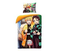 Demon Slayer Juego de Ropa de Cama, Funda Nórdica Reversible 140x200 cm + Funda de Almohada, 100% Algodón, con Tanjirō Kamado y Zenitsu Agatsuma