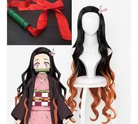 Demon Slayer Kimetsu no Yaiba Kamado Nezuko Cosplay Pelera resistente al calor Peluces de cabello sintético + Capacidad de peluca + accesorios de bambú Palabra de sellado Palabra y palo 1