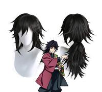 Demon Slayer Kimetsu no Yaiba Tomioka Giyuu Cosplay Wig Black Long Ponytail Heat Resistant Synthetic Hair Wigs + Wig Cap