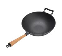 Denash Bandeja de Wok Multifuncional, Sartén de Hierro Fundido con de Madera para la Cocción de Inducción de Gas Estufa de Cerámica Al Aire Libre, Ideal para Barbacoa