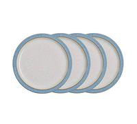 Denby - Elements - Juego de 4 platos azules medianos - Vajilla apta para lavavajillas y microondas de 22 cm - Vajilla de cerámica azul y blanca - Platos de almuerzo resistentes a astillas y grietas