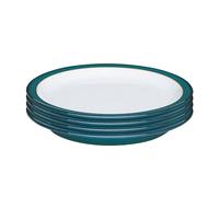 Denby Greenwich - Juego de 4 platos llanos - Vajilla apta para lavavajillas y microondas de 26,5 cm - Vajilla de cerámica verde esmaltada blanca - Resistente a astillas y grietas