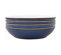 Denby Imperial Blue - Juego de 4 cuencos para pasta - Vajilla apta para lavavajillas y microondas, 1050 ml, 22 cm, color azul real, vajilla de cerámica blanca - Resistente a astillas y grietas