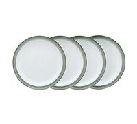 Denby Regency Green - Juego de 4 platos llanos aptos para lavavajillas y microondas, 26,5 cm, vajilla de cerámica verde y blanca, platos grandes resistentes a astillas y grietas