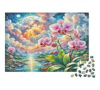Dendrobium Orchid 1000 Pieces Adult Puzzle Pink Orchids by Stream for Adults & Kids Age 12 Years + Gift 52x38cm/1000pcs