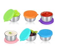 DenFatory Paquete de 6 recipientes para aderezo de ensalada, recipientes para salsa de acero inoxidable de 50 ml, para salsa con tapa de silicona
