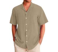 DENGJIAMY - Camisas cubanas de manga corta para hombre, estilo casual, a la moda, color liso, guayabera, talla grande, para vacaciones en la playa, camisetas clásicas para hombre, caqui, 3XL