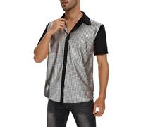 DENGJIAMY - Camisas de lentejuelas brillantes para hombre, camiseta de manga corta con botones, cuello de discoteca, rave, ropa de fiesta, gris, XL