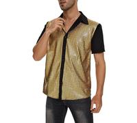 DENGJIAMY - Camisas de lentejuelas brillantes para hombre, camiseta de manga corta con botones, cuello de discoteca, rave, ropa de fiesta, amarillo, XXL