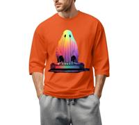 DENGJIAMY - Camiseta de manga 3/4 de Halloween para hombre, talla grande, cuello redondo, camisetas de moda con estampado de fantasmas, naranja, 4XL