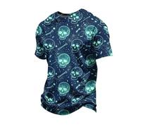 DENGJIAMY - Camiseta de manga corta con estampado de esqueleto de Halloween para hombre, camiseta de manga corta, cuello redondo, talla grande, estampado aterrador, azul, 3XL