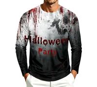DENGJIAMY - Camiseta de manga larga para hombre, diseño aterrador de Halloween, camiseta de manga larga con cuello redondo y estampado de sangre de terror, Negro, XXL