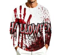 DENGJIAMY - Camiseta de manga larga para hombre, diseño aterrador de Halloween, camiseta de manga larga con cuello redondo y estampado de sangre de terror, blanco, XXL