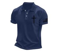 DENGJIAMY - Polo de manga corta para hombre, diseño de cruz cristiana, estilo informal, con bandera americana, manga corta, para el 4 de julio, camisetas de Jesús Faith, azul marino, L
