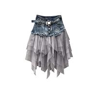 Denim asimétrico Jeans Tul Faldas Mujer Cintura Alta Malla Larga Borla Plisada Midi Falda Gótica con Bolsillos Cinturón Negro