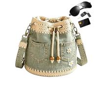 Denim Bag Daisy Embroidery, Retro Boho Crochet Trim Drawstring