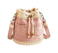 Denim Bag Daisy Embroidery, Retro Boho Crochet Trim Drawstring