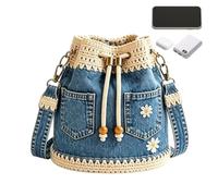 Denim Bags For Women - Retro Boho Crochet Trim Daisy Embroidery Drawstring