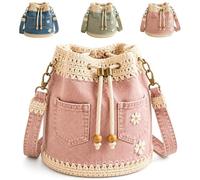 Denim Crochet Bucket Bag, Denim Bucket Bag Drawstring Crossbody Bags, Vintage Tote Bags with Adjustable Strap for Daily Use (Pink)