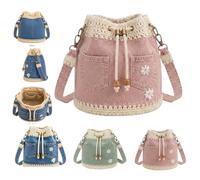Denim Crochet Bucket Bag, Denim hand crocheted drawstring Crossbody Bag,Handmade Crochet Jean Tote with Daisy Embroidery，Pink
