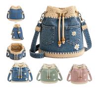 Denim Crochet Bucket Bag, Denim hand crocheted drawstring Crossbody Bag,Handmade Crochet Jean Tote with Daisy Embroidery，Blue